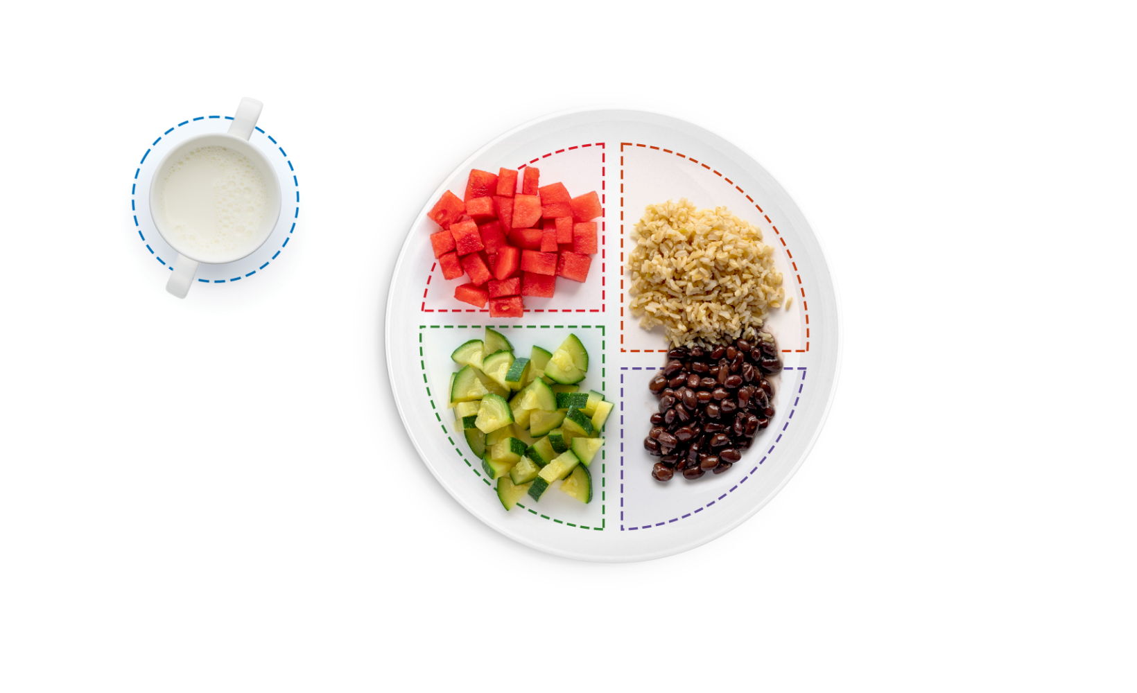 A well-presented plate containing a watermelon, rice & beans