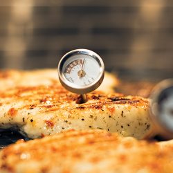 Thermometer inserted into chicken on the grill